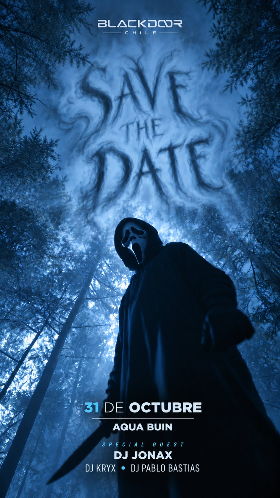 Flyer Save the Date Blackdoor Halloween: 31 de octubre en Aqua Buin, special guest DJ Jonax, DJ Kryx y DJ Pablo Bastías